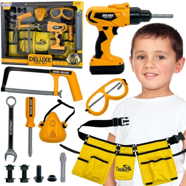 2511202569259d0c1fdf7.jpeg WOOPIE Zestaw Narzędzi Małego Majsterkowicza Gogle Wkrętarka Pas Na Narzędzia 16el.