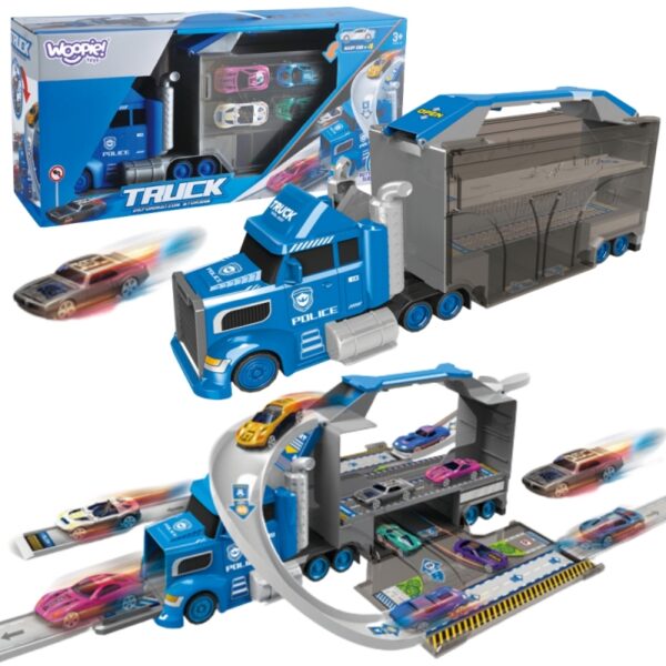 251120256925a0c66cc65.jpeg WOOPIE Ciężarówka Policyjna 2w1Transporter Tor Samochodowy