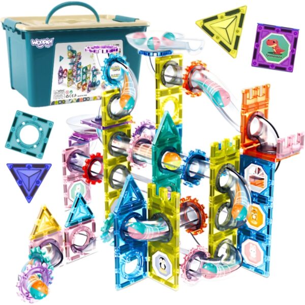 251120256925a1eadc9fa.jpeg WOOPIE Klocki Magnetyczne Konstrukcyjne 3D Zestaw Edukacyjny Tor Kulkowy Kulodrom 126el.