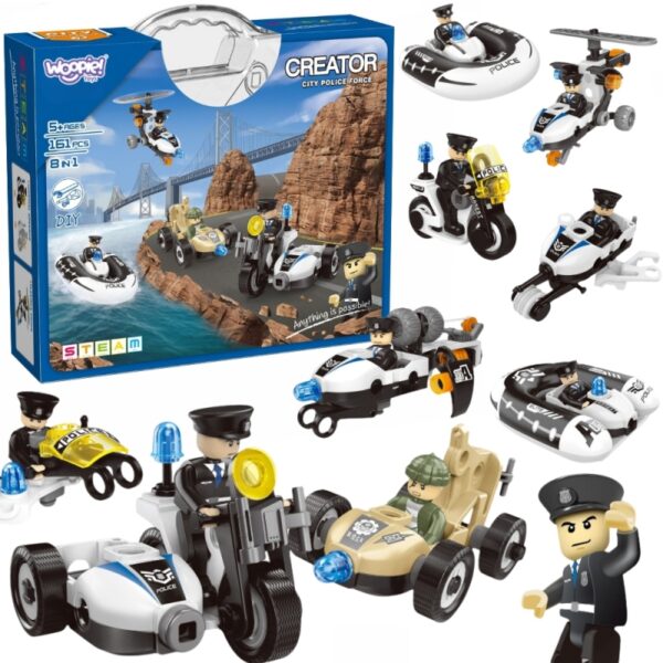 251120256925a1f74ca0d.jpeg WOOPIE Klocki Konstrukcyjne Zbuduj Pojazdy Policyjne 8 Modeli STEAM – Zostań bohaterem miasta!