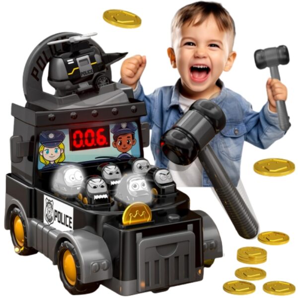 251120256925a447c0a66.jpeg WOOPIE Gra Zręcznościowa Uderz Młotkiem Wbijak Wóz Policyjny z Akcesoriami