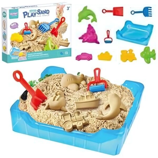 251120256925a47ba30b1.jpeg WOOPIE Piasek Kinetyczny 0,5 kg Zestaw Stolik z Foremkami