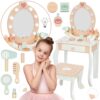 251120256925a5ad119d7.jpeg TOOKY TOY Drewniana Toaletka z Krzesełkiem Akcesoria Lustro z Oświetleniem LED + Kosmetyki