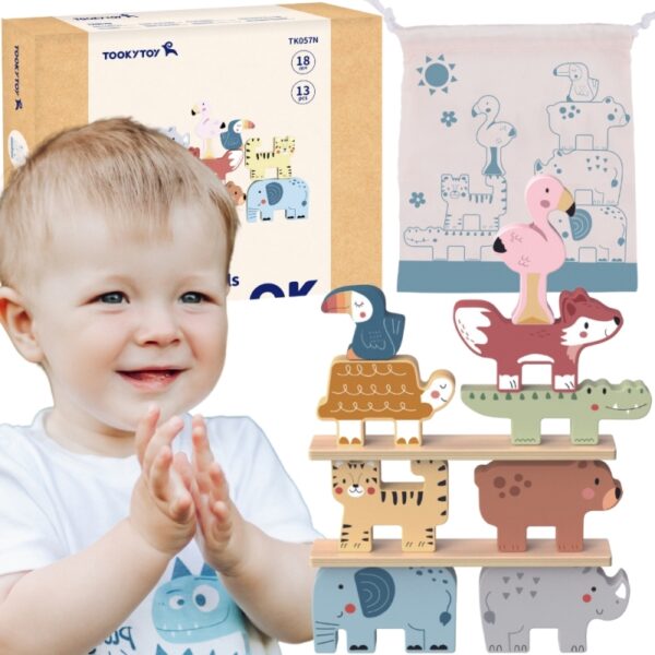 251120256925b55a984a0.jpeg TOOKY TOY Drewniane Klocki Układanka Wieża Stacker Stosy Zwierzątka Montessori 13 el.