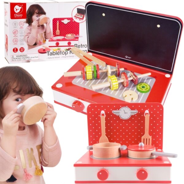 251120256925b83ddcb8f.jpeg CLASSIC WORLD Drewniana Kuchnia 2w1 Grill + Kuchenka dla Dzieci 22el.