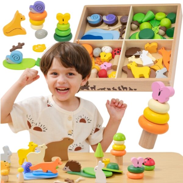 251120256925b918da14f.jpeg VIGA Drewniane Klocki Kolorowe Leśne Opowieści Pudełko 58el.