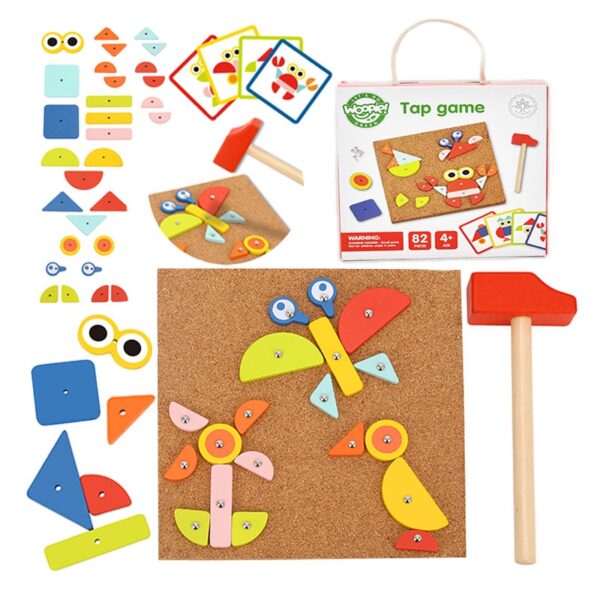 251120256925b9f006915.jpeg WOOPIE GREEN Drewniana Przybijanka z Młotkiem Układanka 20 wzorów 82 el. Certyfikat FSC