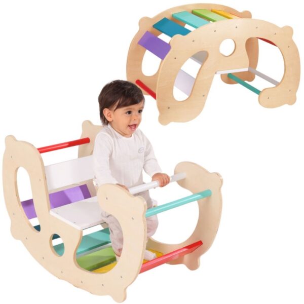 2711202569283c4f6cc1c.jpeg WOOPIE GREEN Drewniany Tęczowy Bujak i Mostek 2w1 Montessori FSC