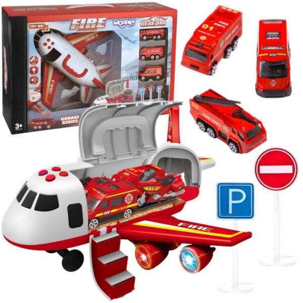 041220256931815a79435.jpeg WOOPIE Samolot Rozkładany Transporter Straż Pożarna z 3 Autami Strażackimi Zestaw XL Znaki Drogowe