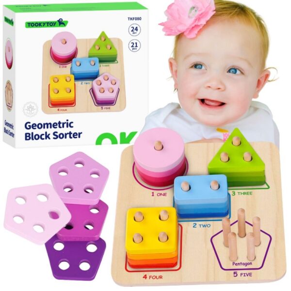TOOKY TOY Drewniany Sorter Geometryczny Nauka Kształtów Liczenia