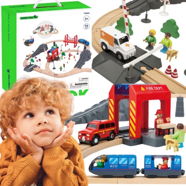 Tooky Toy Drewniana Kolejka Staż Pożarna Ambulans 70 el.