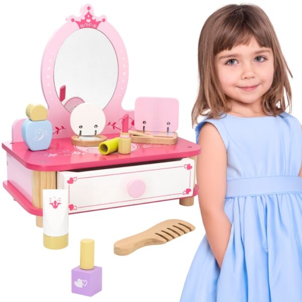18122025694464079a81e.jpeg VIGA Drewniana Toaletka Różowa Do Makijażu z Lustrem + Akcesoria