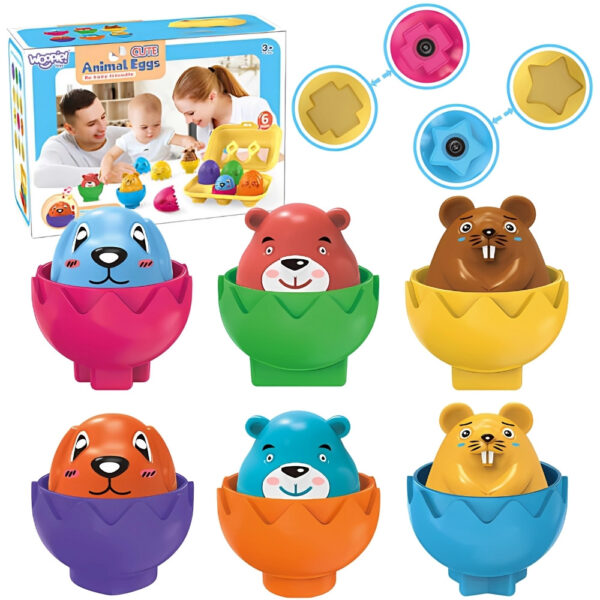 30012026697c5be0746c0.jpeg WOOPIE Układanka Sorter Montessori Dopasuj Kształty Wesołe Zwierzaki Jajka 6szt