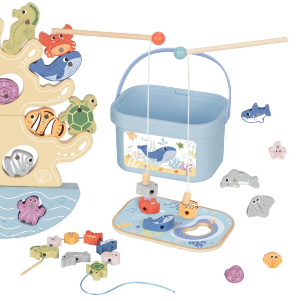 30012026697c5d1182179.jpeg TOOKY TOY Drewniany Zestaw Morskich Zabawek Wieża Balansująca Łowienie Ryb Figurki 23 Elementy