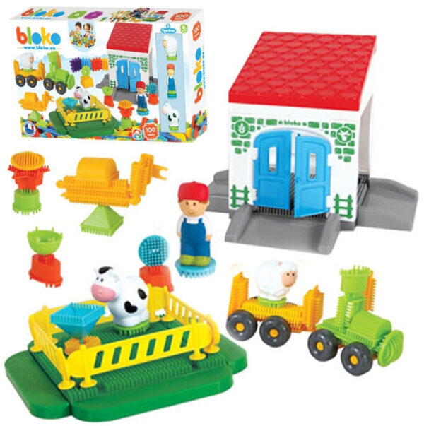30012026697c634b3063e.jpeg MOCHTOYS Klocki Jeżyki Pin Bricks FARMA w Kartonie 100 el. + 3 Figurki