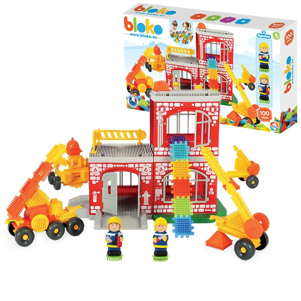 30012026697c634bcefe9.jpeg MOCHTOYS Klocki Jeżyki Pin Bricks STRAŻ POŻARNA w Kartonie 100 el. + 2 Figurki