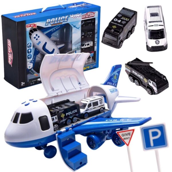 30012026697c64bed1585.jpeg WOOPIE Samolot Rozkładany Transporter Policja z 3 Autami Policyjnymi Zestaw XL Znaki Drogowe