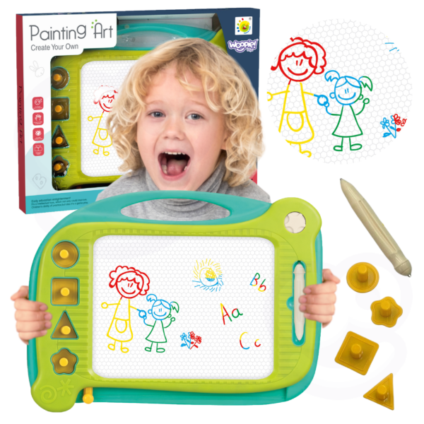 30012026697c666c8b1eb.png WOOPIE Znikopis Tablica Magnetyczna Kolorowa + 4 Stempelki