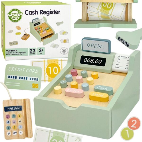 30012026697c712aaa0ae.jpeg WOOPIE GREEN Drewniana Kasa Sklepowa Edukacyjna z Akcesoriami 23 el. FSC