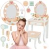 TOOKY TOY Drewniana Toaletka z Krzesełkiem Akcesoria Lustro z Oświetleniem LED + Kosmetyki