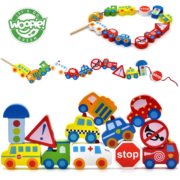 30012026697c79e7710ae.jpeg WOOPIE GREEN Drewniane Klocki do Nawlekania Pojazdy Samochody 13 el.