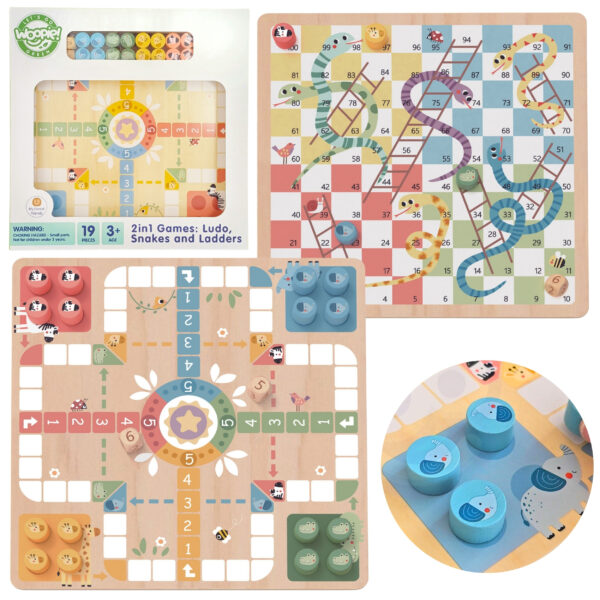 WOOPIE GREEN Gry Planszowe Logiczne 2w1 Ludo Chińczyk + Węże i Drabiny