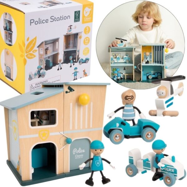 30012026697c821038e0a.jpeg CLASSIC WORLD Posterunek Policji Drewniany Samochód Helikopter FIgurki 12el.